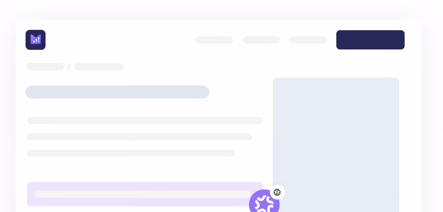 Blurred white interface with purple and blue blocks and a small brain icon at bottom right.