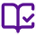 Icon of an open book with a checkmark above it in purple on a dark background.