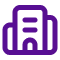 Purple outline icon of a building with windows and a door.