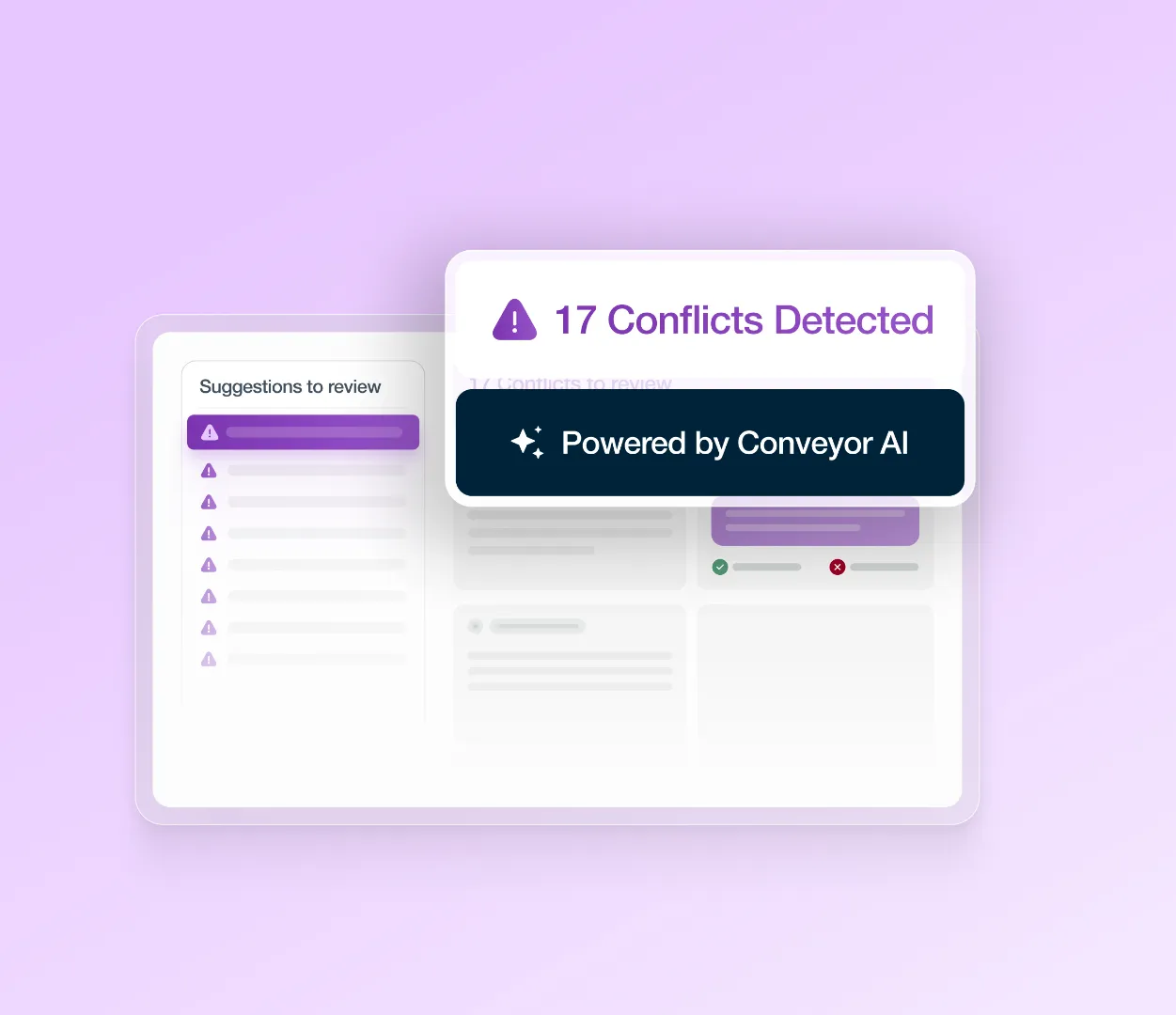 Interface showing 17 conflicts detected with suggestions to review, powered by Conveyor AI.