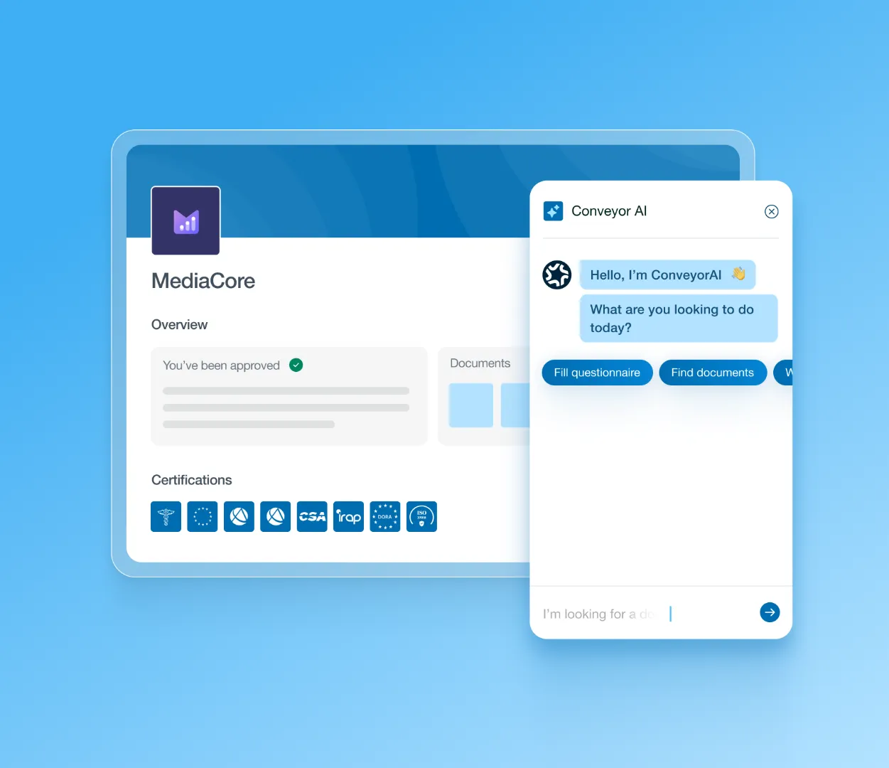 MediaCore dashboard with approval status, certifications icons, and Conveyor AI chatbot with action buttons.