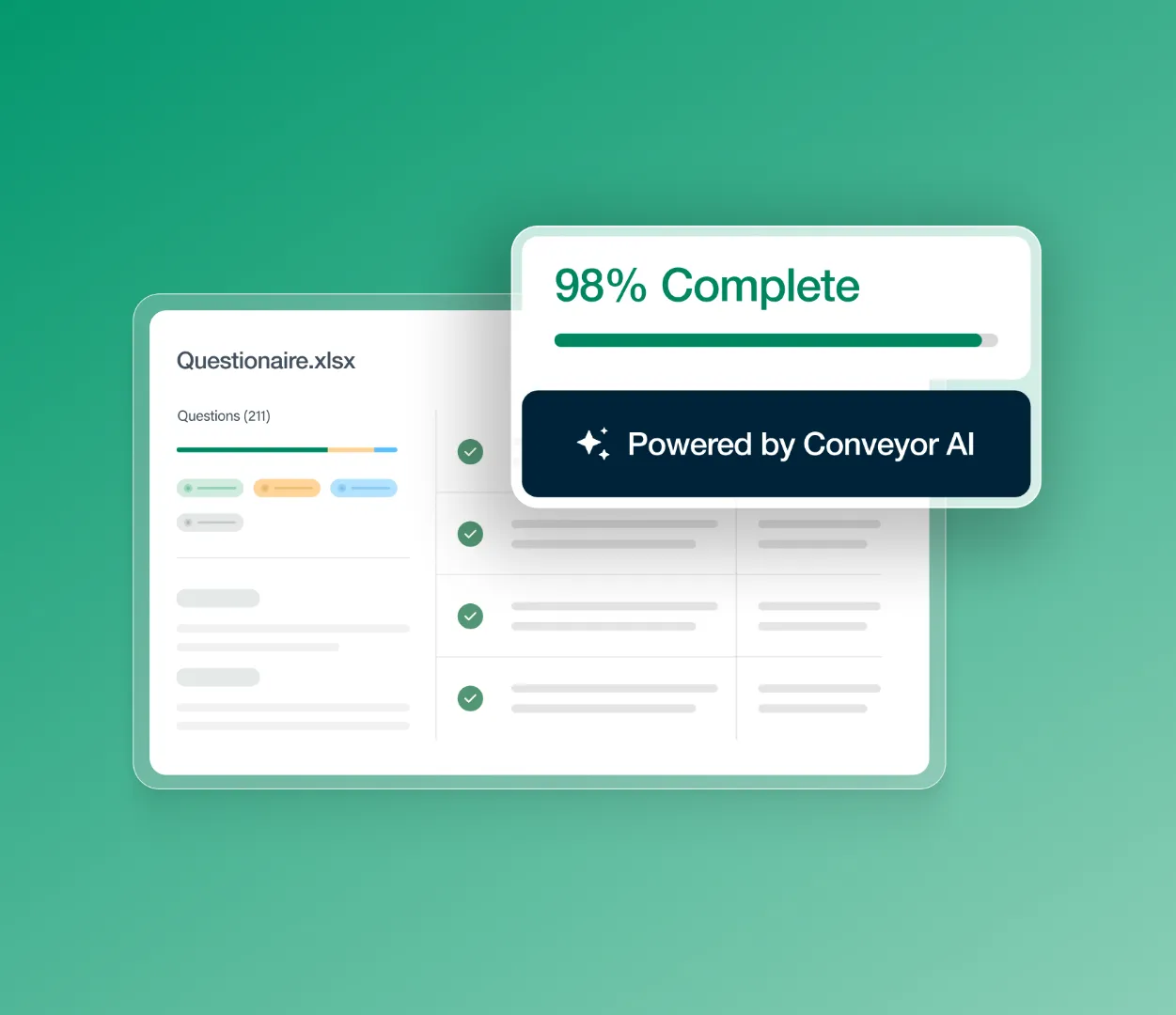 Digital progress bar showing 98% complete for Questionnaire.xlsx powered by Conveyor AI.