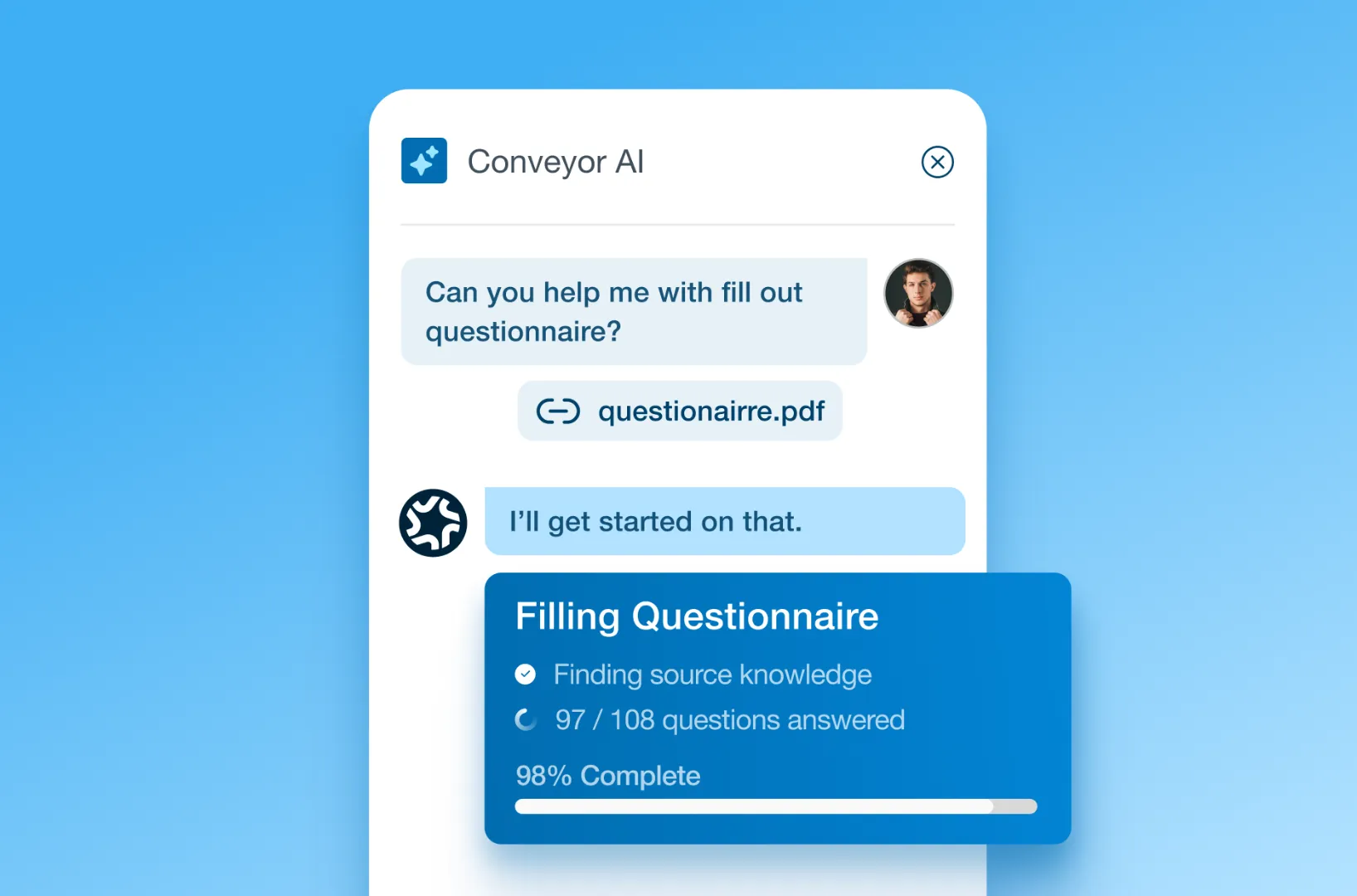 Chat window showing a request to fill a questionnaire PDF and progress bar at 98% completion.