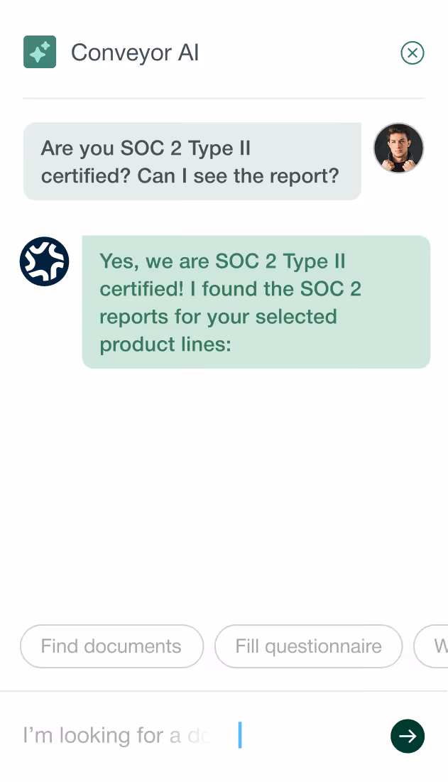 Chat screen of Conveyor AI showing a SOC 2 Type II certification inquiry and its confirmation response.
