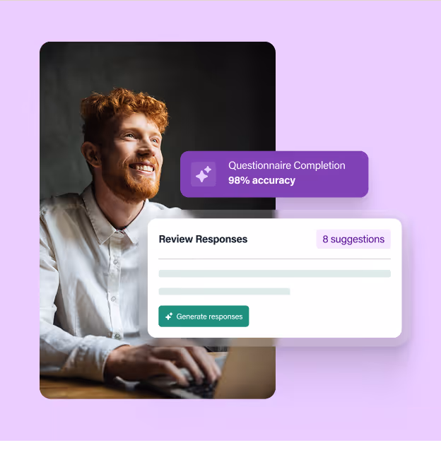 Smiling red-haired man using laptop with overlay showing 98% questionnaire accuracy and response review.