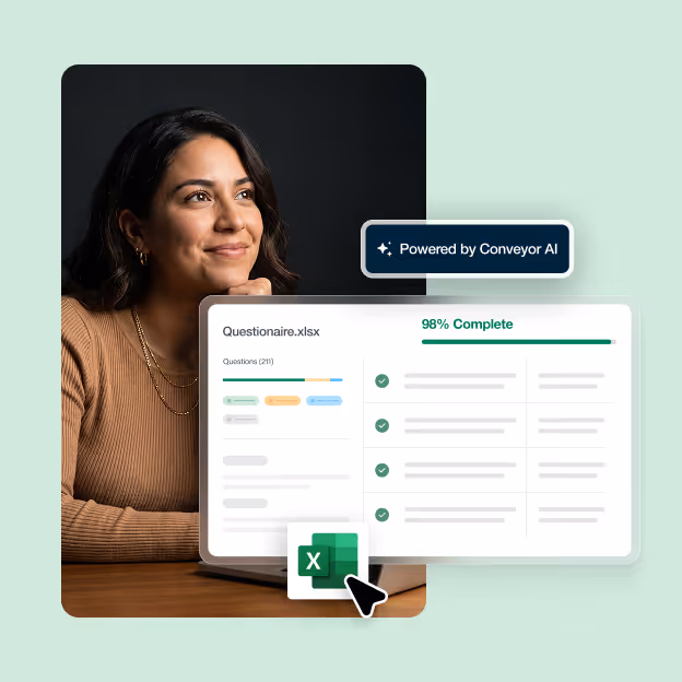 Woman sitting at wooden table, a digital overlay shows 98% complete Questionnaire.xlsx spreadsheet.