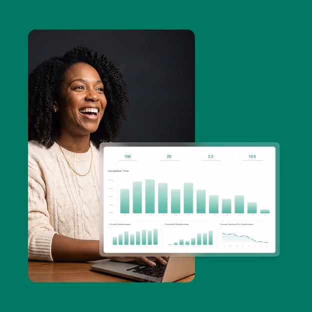 Smiling woman with curly hair working on a laptop with an overlay of green bar and line charts.