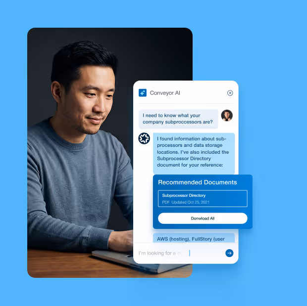 Man in blue sweater looking at laptop with AI chatbot showing recommended subcontractor PDF document.