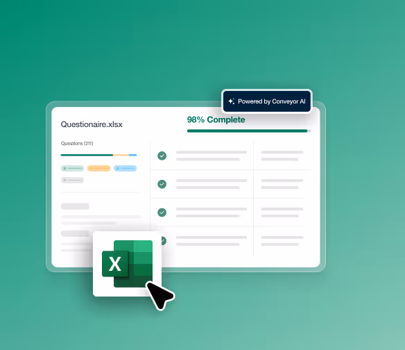 Progress bar showing 98% completion of a questionnaire spreadsheet named Questionaire.xlsx with Excel icon and cursor.