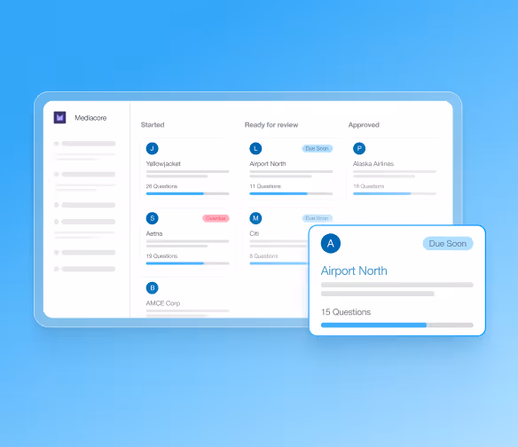 Dashboard showing project statuses: Started, Ready for review, Approved with progress bars and question counts.