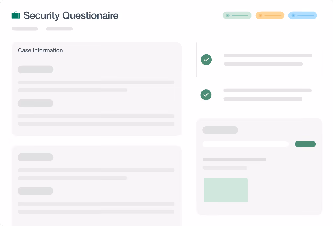 Dashboard-style security questionnaire with sections for case information, checklists, and status indicators.