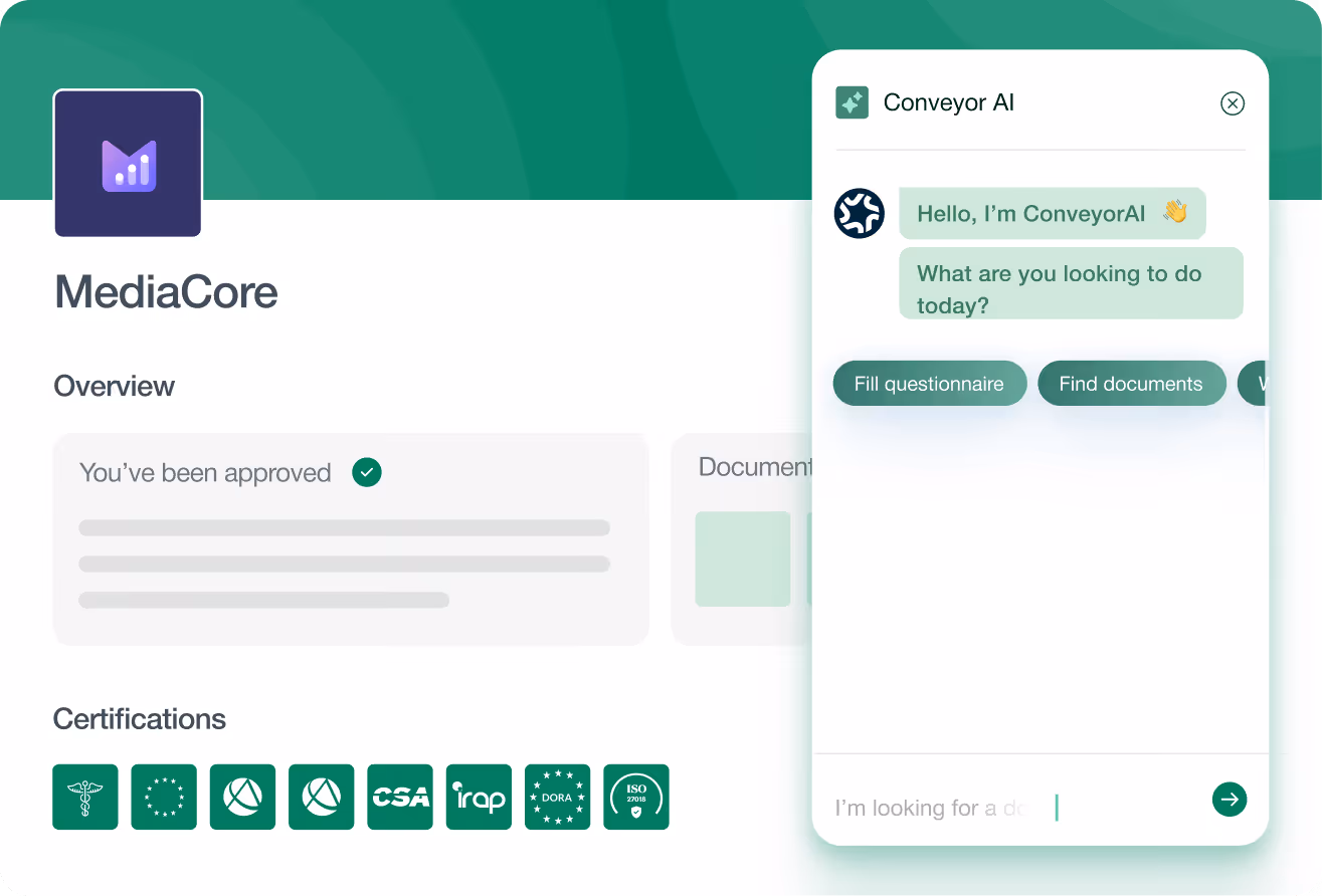 MediaCore platform with approval status, certification icons, and Conveyor AI chatbot offering options.
