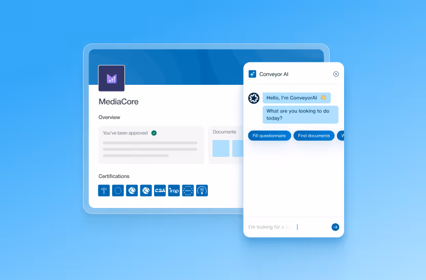 MediaCore dashboard showing approval and certifications next to Conveyor AI chatbot greeting user and offering options.