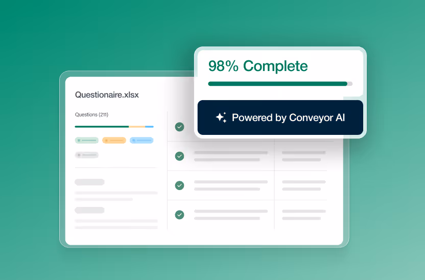 Questionnaire progress showing 98% complete with a progress bar and Conveyor AI branding.