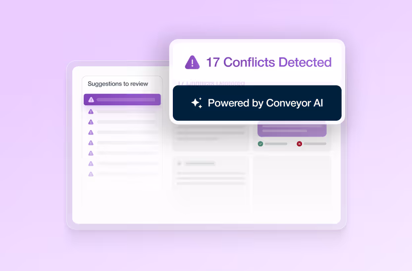 UI showing 17 conflicts detected with suggestions to review, powered by Conveyor AI.