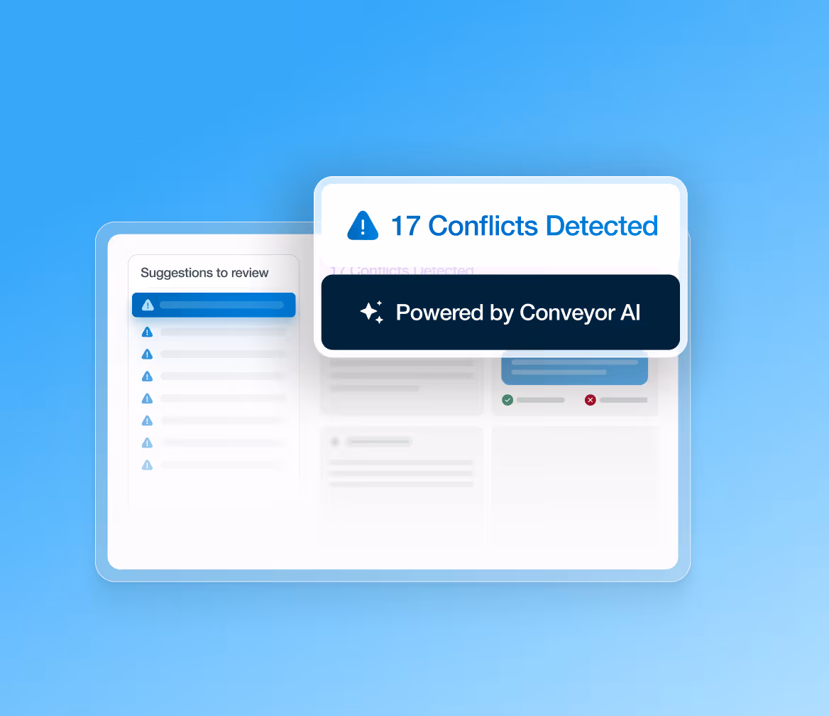 Software interface showing 17 conflicts detected with suggestions and powered by Conveyor AI.