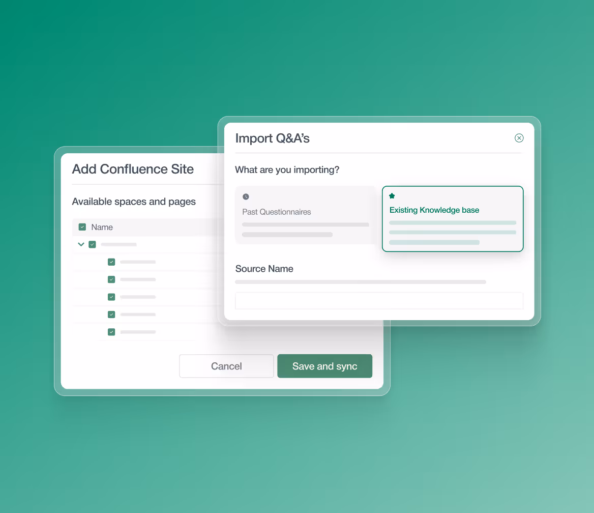 User interface showing options to add Confluence site pages and import Q&A from past questionnaires or knowledge base.