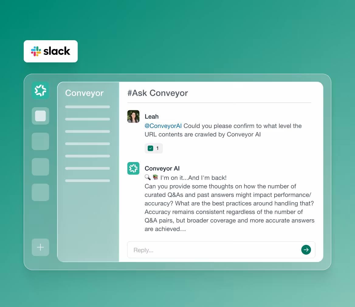 Slack chat window showing conversation in #Ask Conveyor channel between Leah and Conveyor AI about URL content crawling.