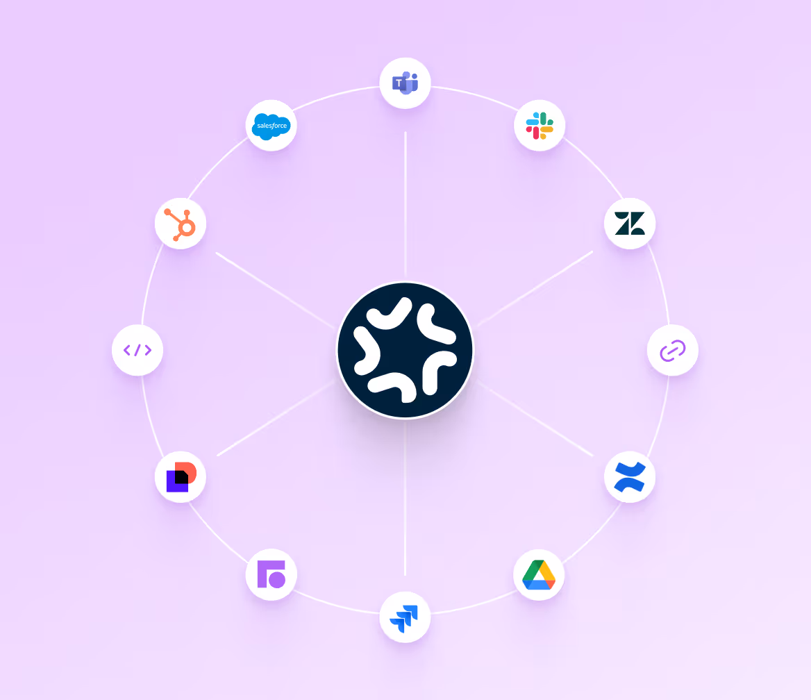 Central icon connected in a circle to logos of Microsoft Teams, Slack, Zendesk, Google Drive, Jira, and other apps.