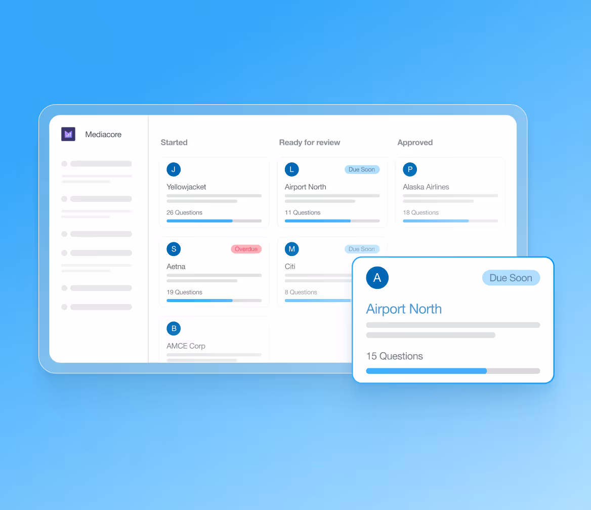 Task management board with columns Started, Ready for review, and Approved, showing project cards and progress bars.