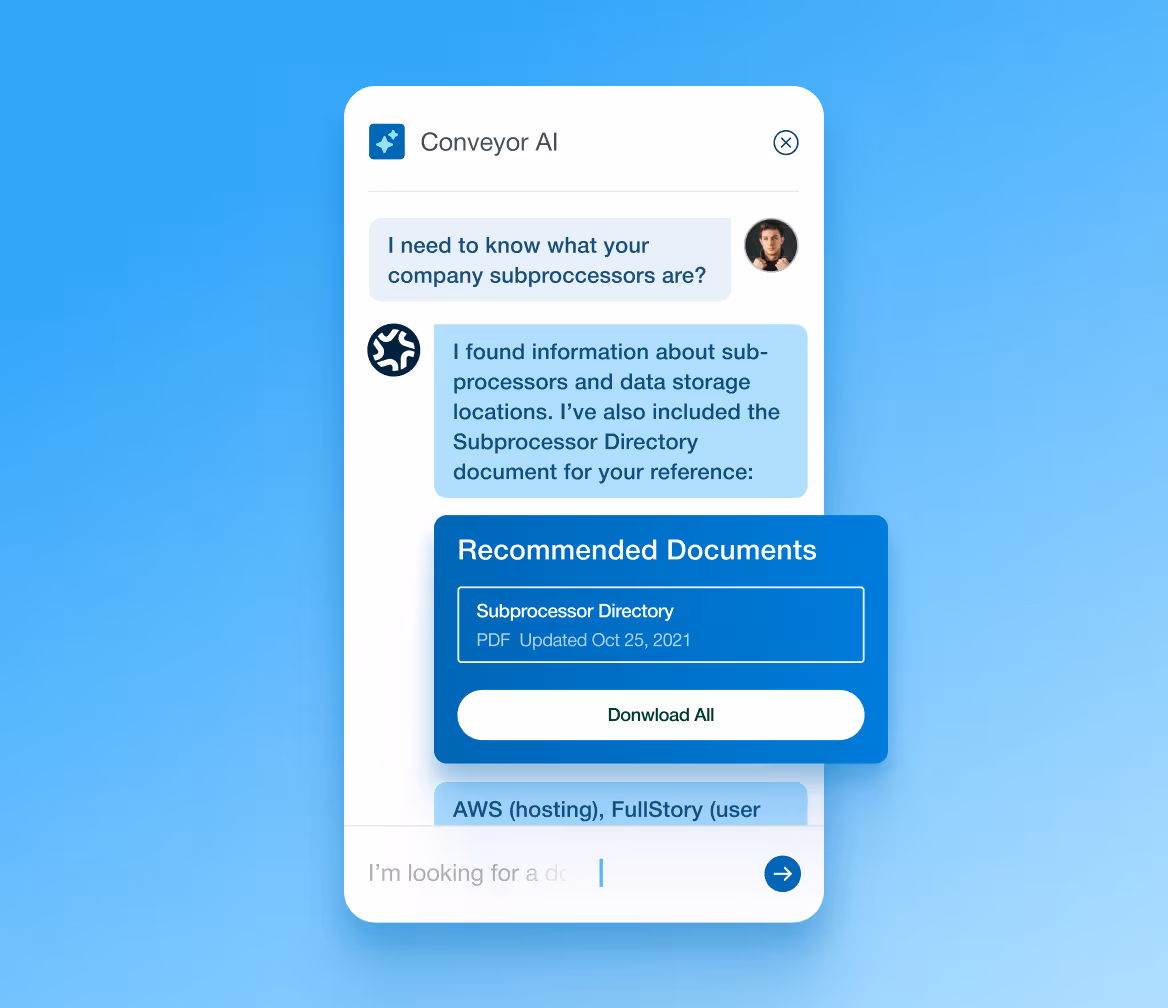 Chat window showing a user asking about company subprocessors and AI providing a Subprocessor Directory PDF.