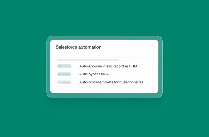 Salesforce automation options with tasks for auto-approving leads, bypassing NDA, and processing tickets.