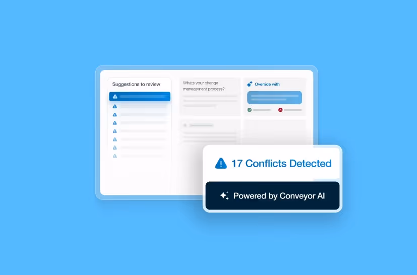 Screen displaying 17 detected conflicts with AI-powered suggestions and override options on a blue background.