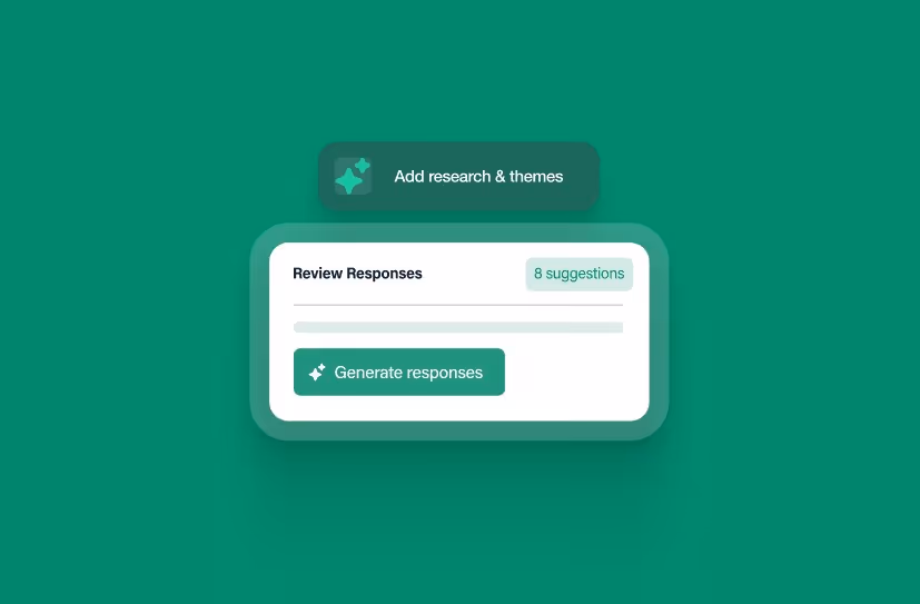 Interface with buttons labeled Add research & themes, Review Responses, 8 suggestions, and Generate responses.
