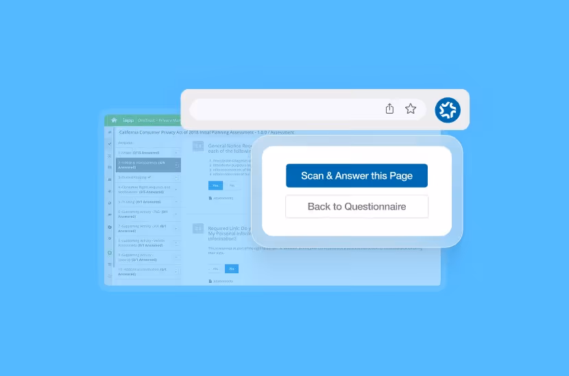 User interface showing a Scan & Answer button and Back to Questionnaire option on a privacy assessment page.