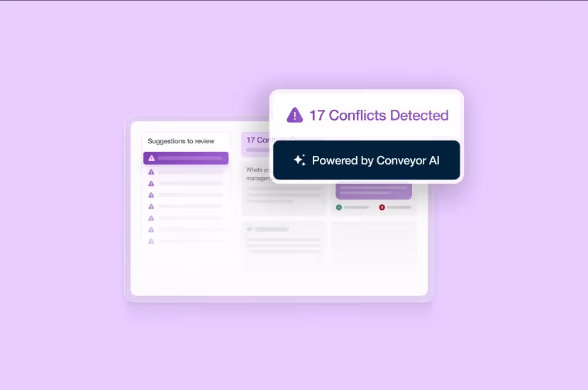 AI-powered interface showing 17 conflicts detected and suggestions to review on a purple background.