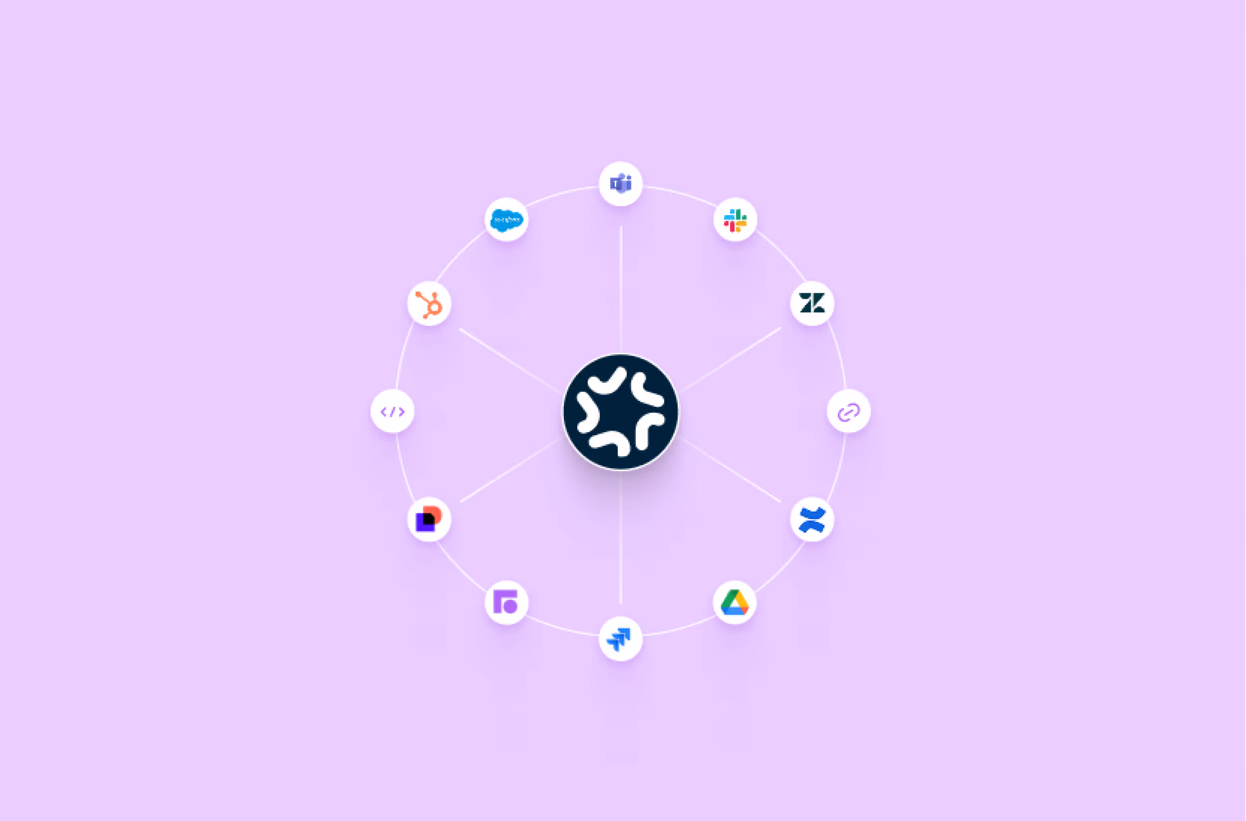 Central icon surrounded by a circle of 11 smaller logos representing popular work and communication apps.