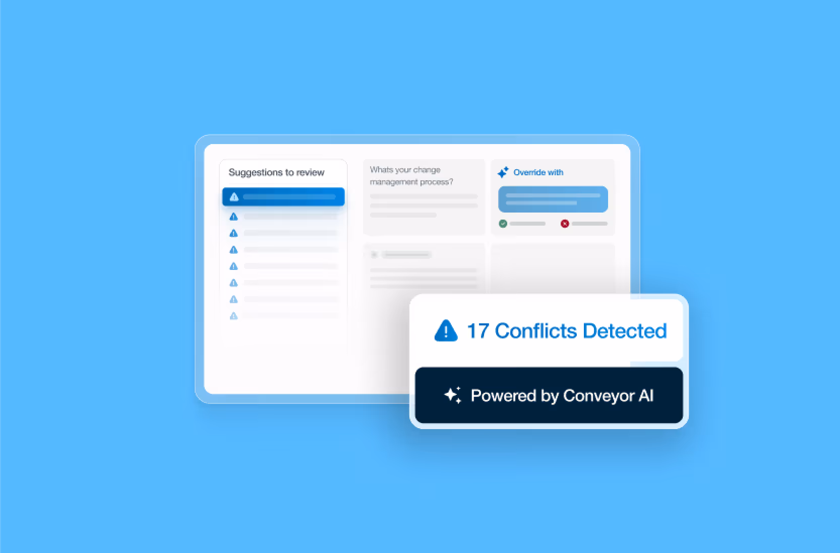 Software screen showing 17 conflicts detected with suggestions to review, powered by Conveyor AI.