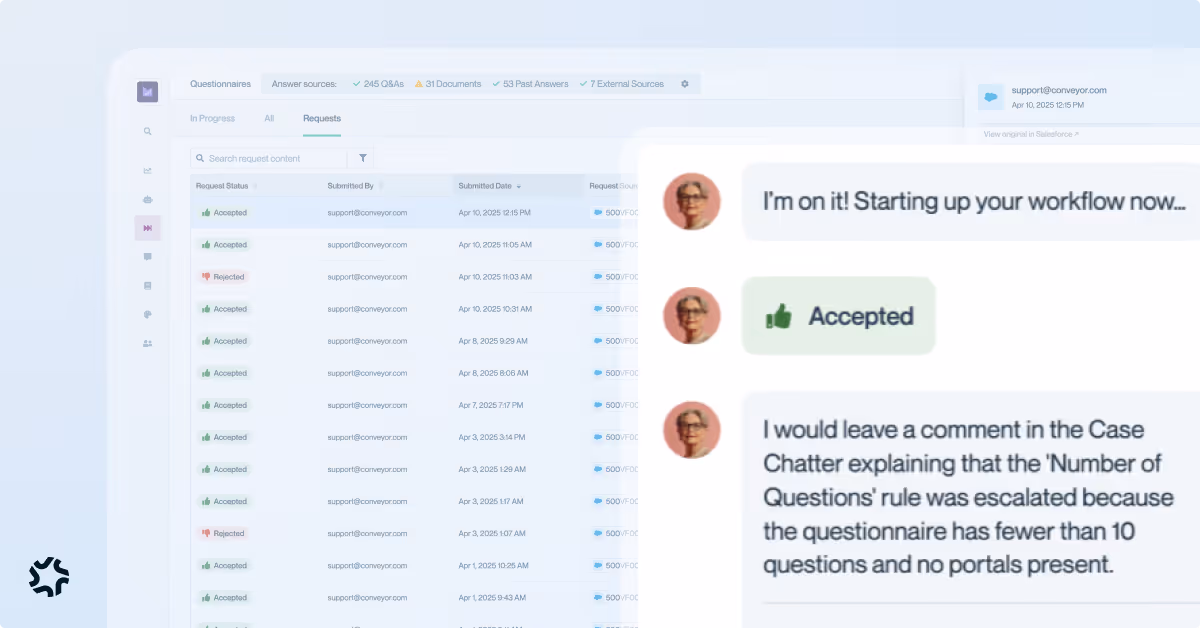 A software dashboard showing a list of questionnaire requests with a chat overlay displaying automated status updates and team comments