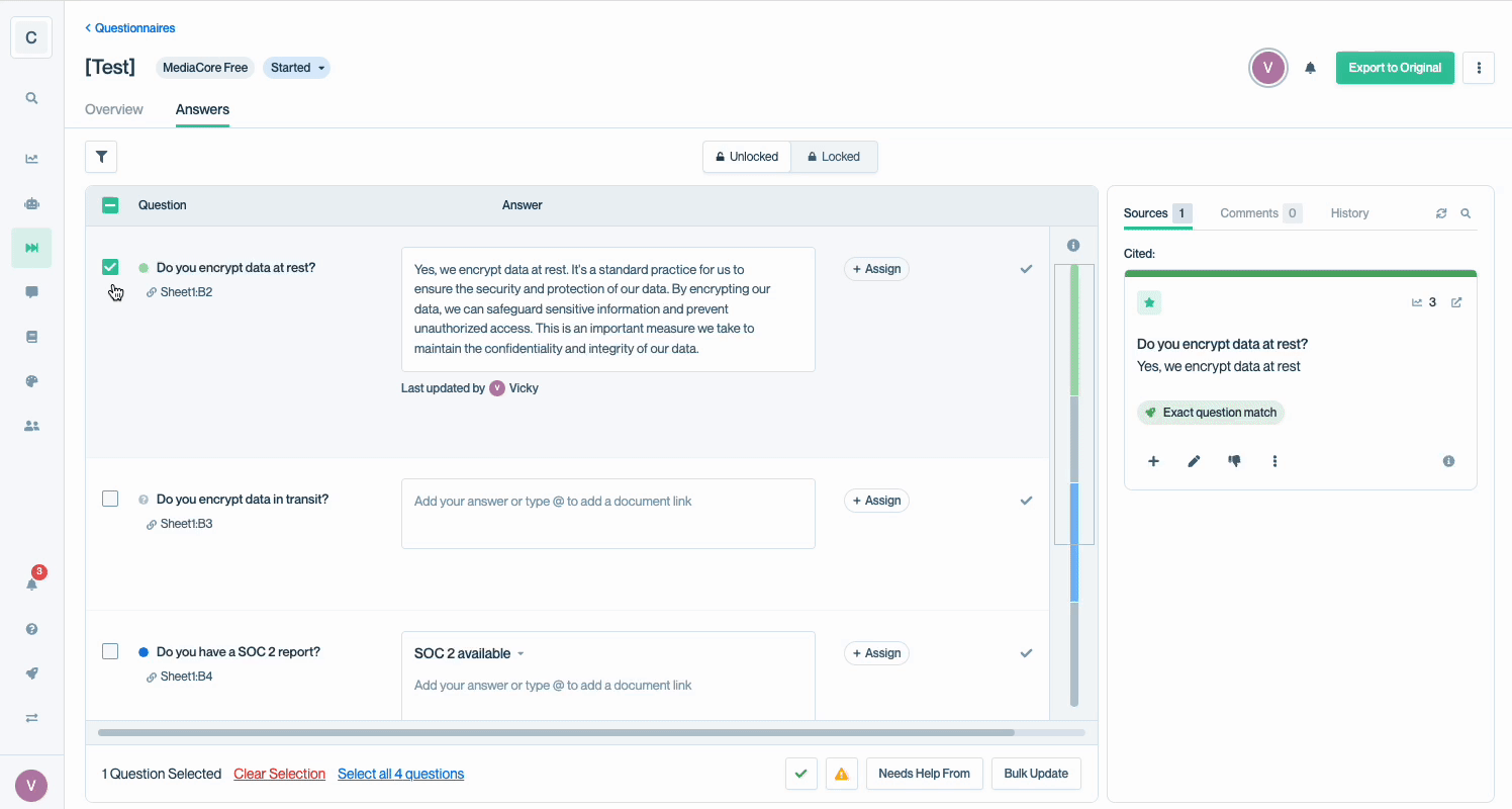 Dashboard for reviewing and editing questionnaire answers with source references