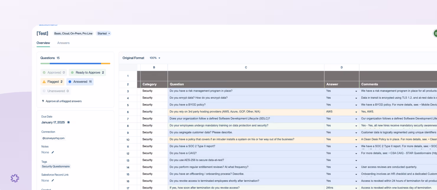 Spreadsheet view of questionnaire responses with security questions and answers.