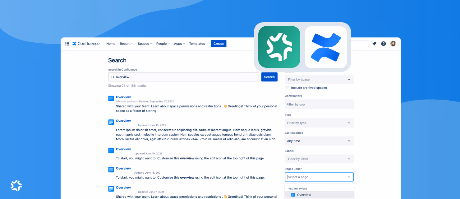 Confluence search page displaying results for “overview” with filters and integration icons.