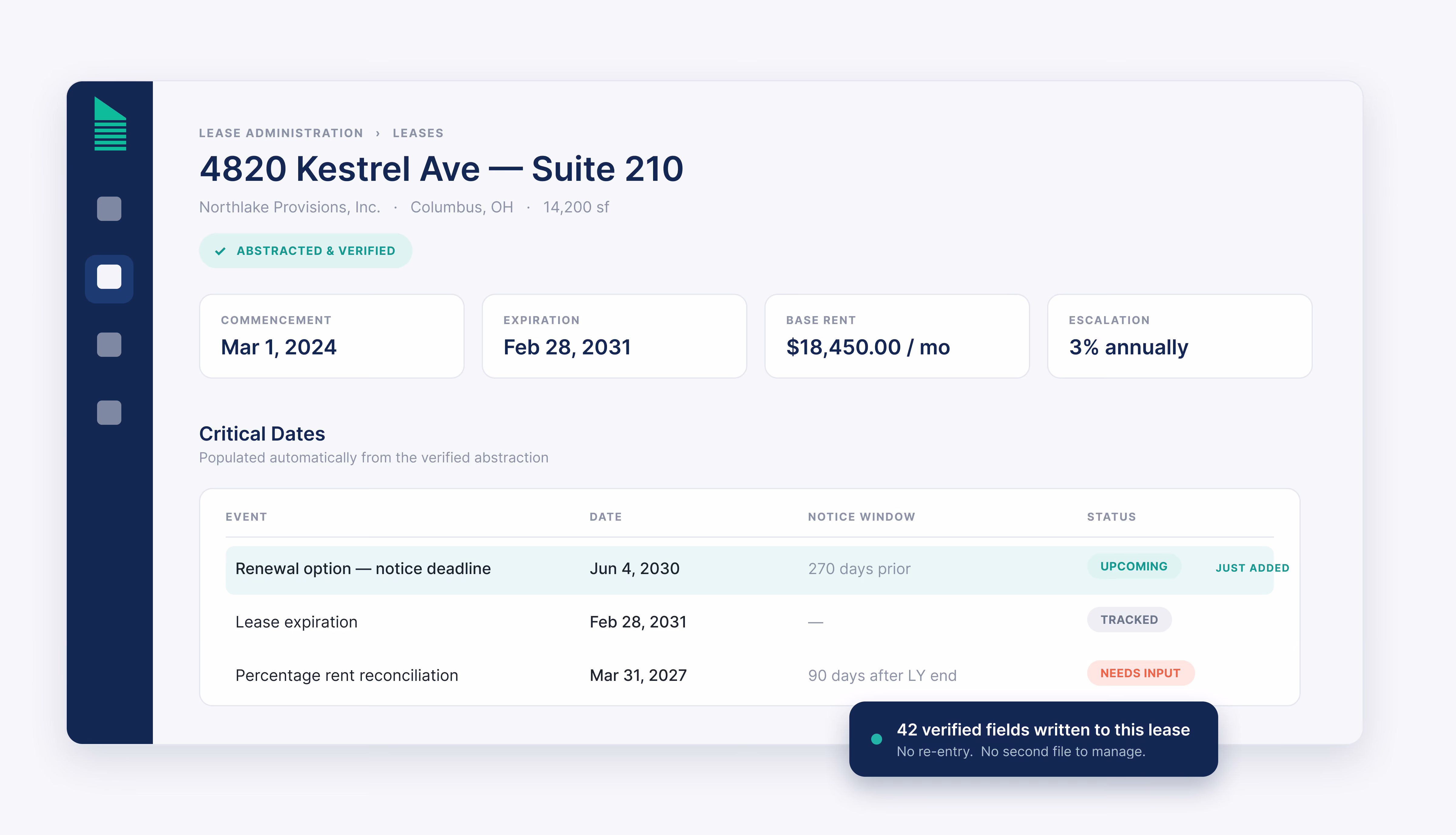Occupier admin view with abstracted lease data