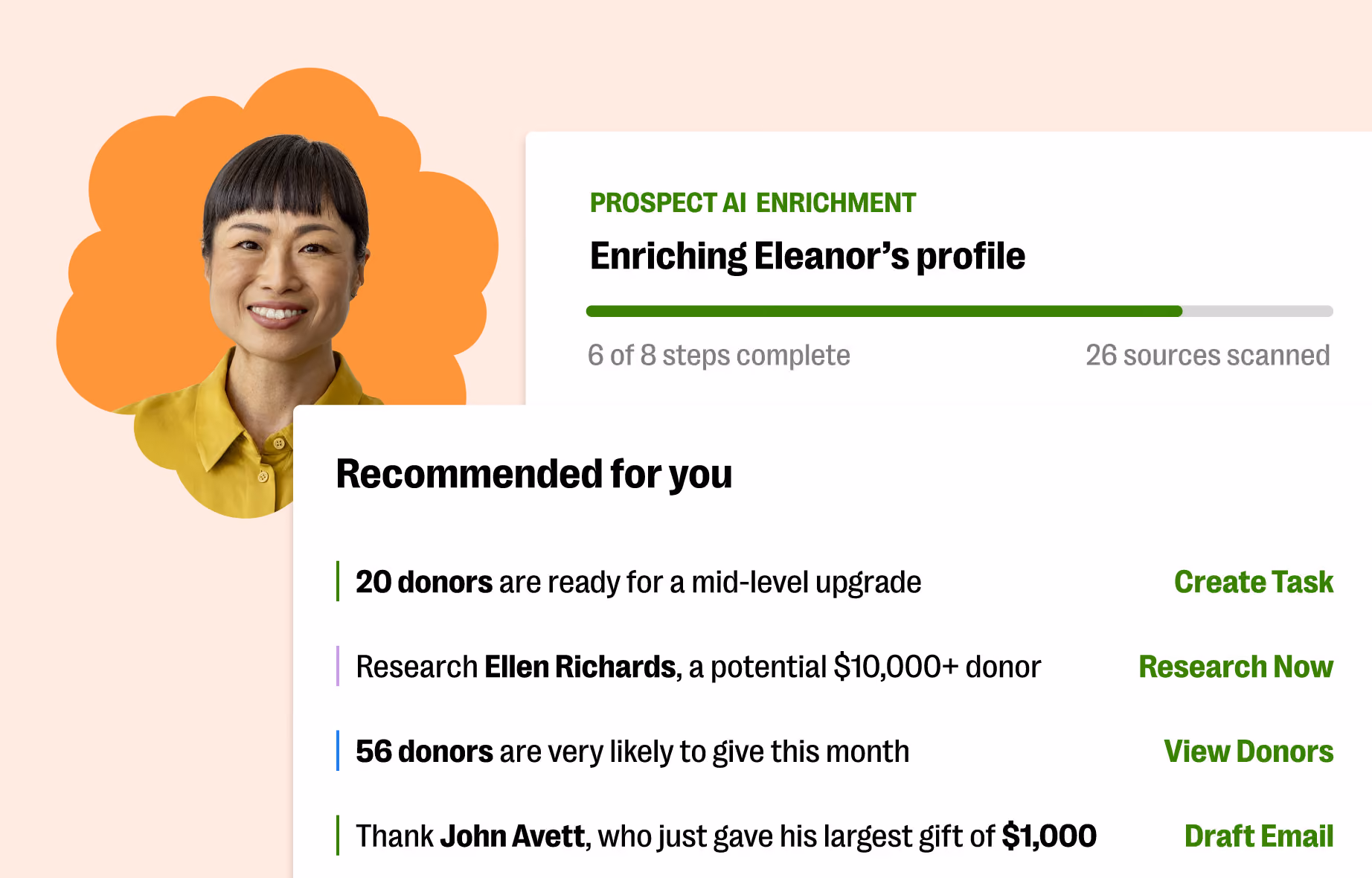Smiling woman with short dark hair next to a profile enrichment progress and donor recommendations list.