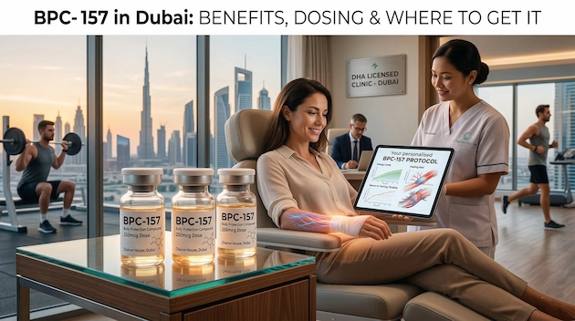 A patient consulting with a doctor about BPC-157 peptide dosage and benefits at a Dubai wellness clinic.