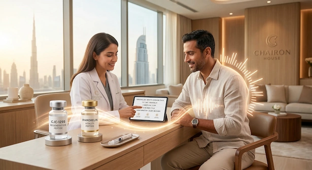 A DHA-licensed doctor at Chairon House in Dubai explaining a personalized CJC-1295 and Ipamorelin peptide therapy protocol to a smiling patient, with treatment vials resting on the desk