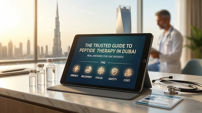A concerned patient reviewing their blood work and discussing peptide therapy FAQs with an empathetic, DHA-licensed doctor at Chairon House in Dubai.