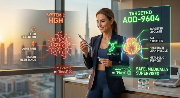 A visual comparison at Chairon House in Dubai showing a smiling woman holding a peptide pen. A digital overlay contrasts the negative side effects of systemic HGH, like fluid retention and insulin resistance, with the safe, medically supervised fat loss an