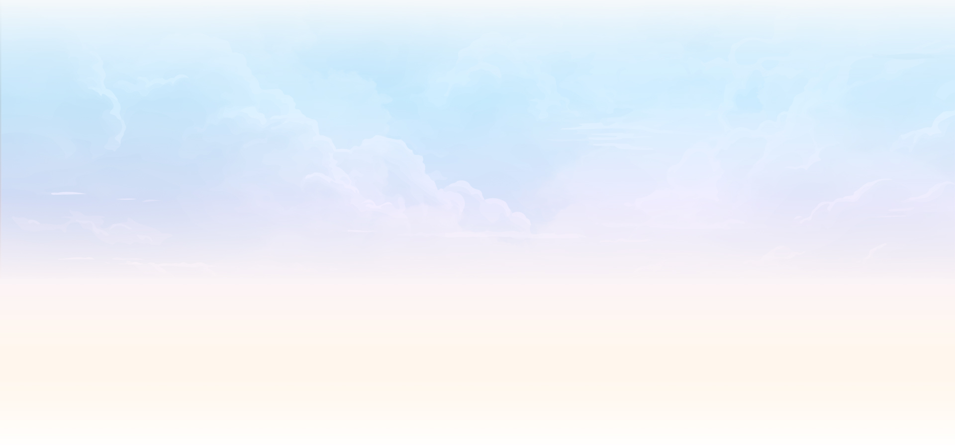 Soft gradient sky background with light blue and pastel peach tones and wispy clouds.