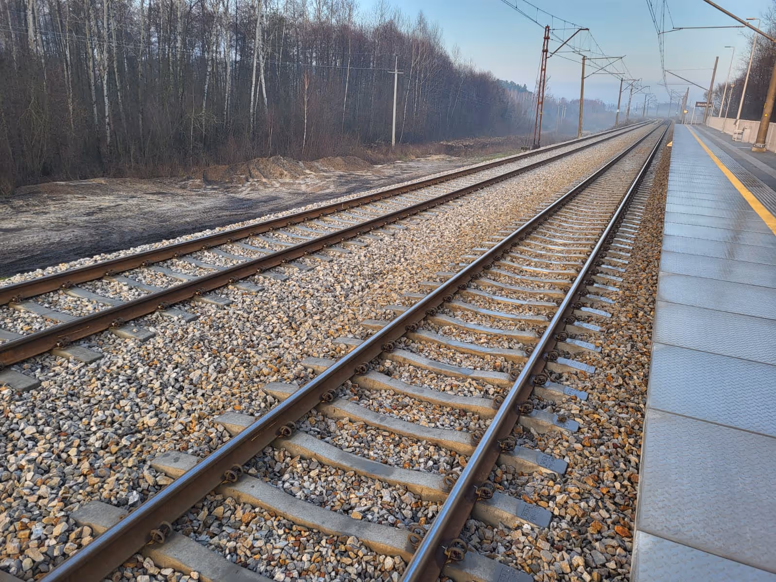 Pusty peron kolejowy obok dwóch równoległych torów kolejowych ciągnących się wzdłuż lasu.