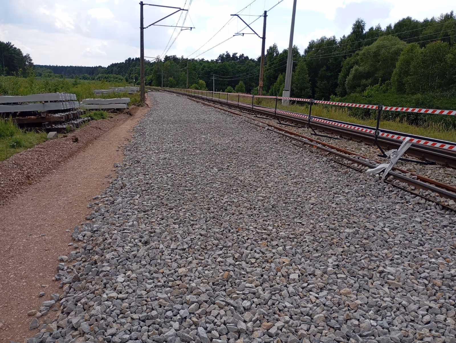 Tory kolejowe w lesie z nasypem żwirowym i betonowymi podkładami obok.