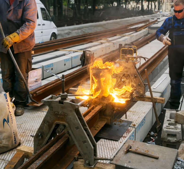 Pracownicy prowadzący spawanie torów tramwajowych na otwartym placu budowy.