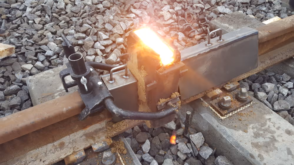 Proces spawania termitowego szyny kolejowej z jasnym płomieniem i metalowymi częsciami na kamieniach kolejowych.