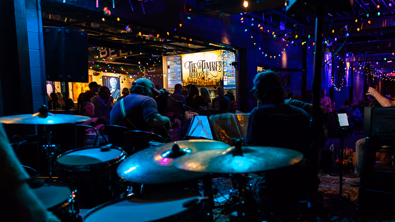 Live band performing at a dimly lit venue with colorful string lights and an illuminated bar sign reading 'The Timber Beer Co' in the background.