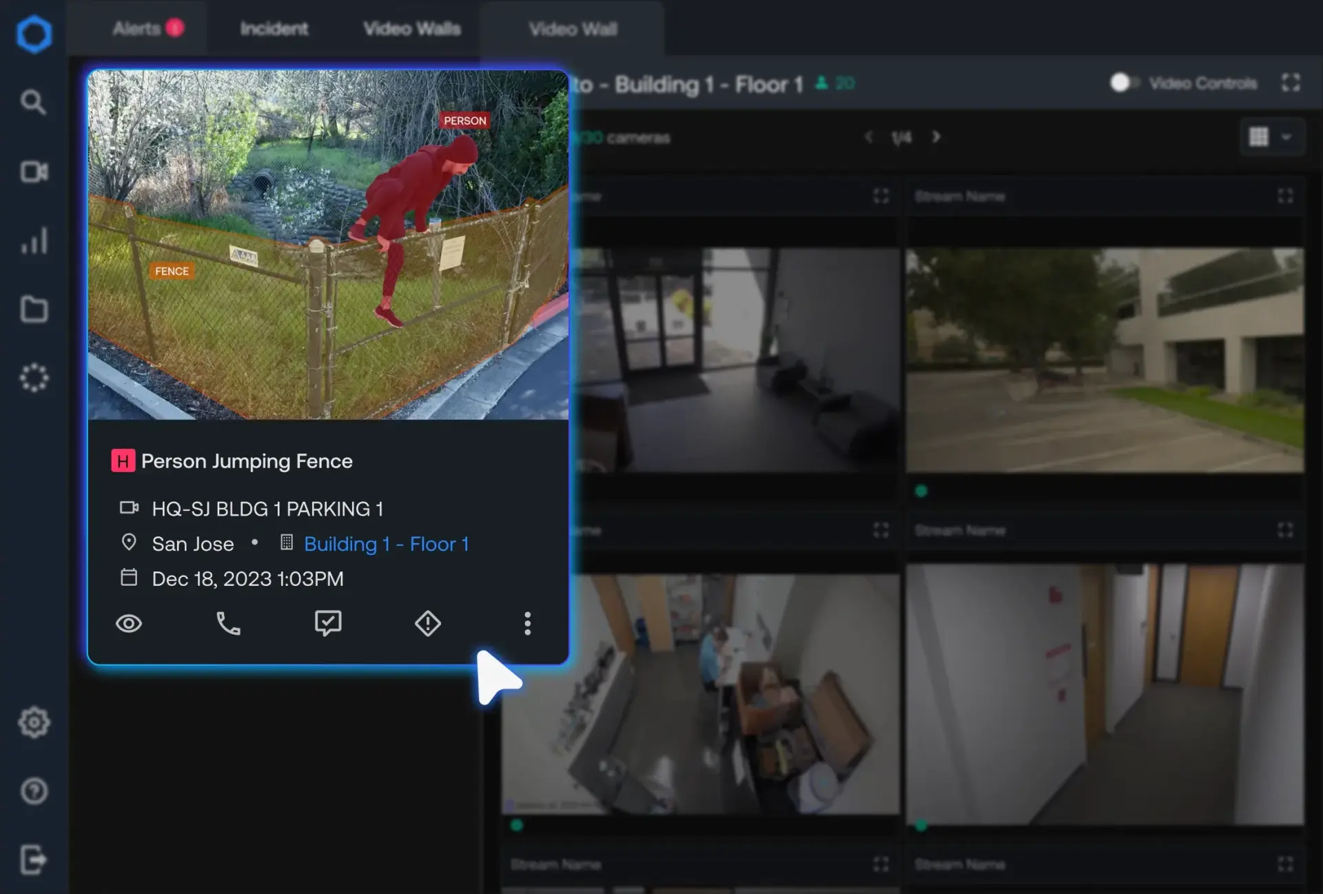 Security system screen showing alert for a person jumping over a chain-link fence, with the person highlighted in red.