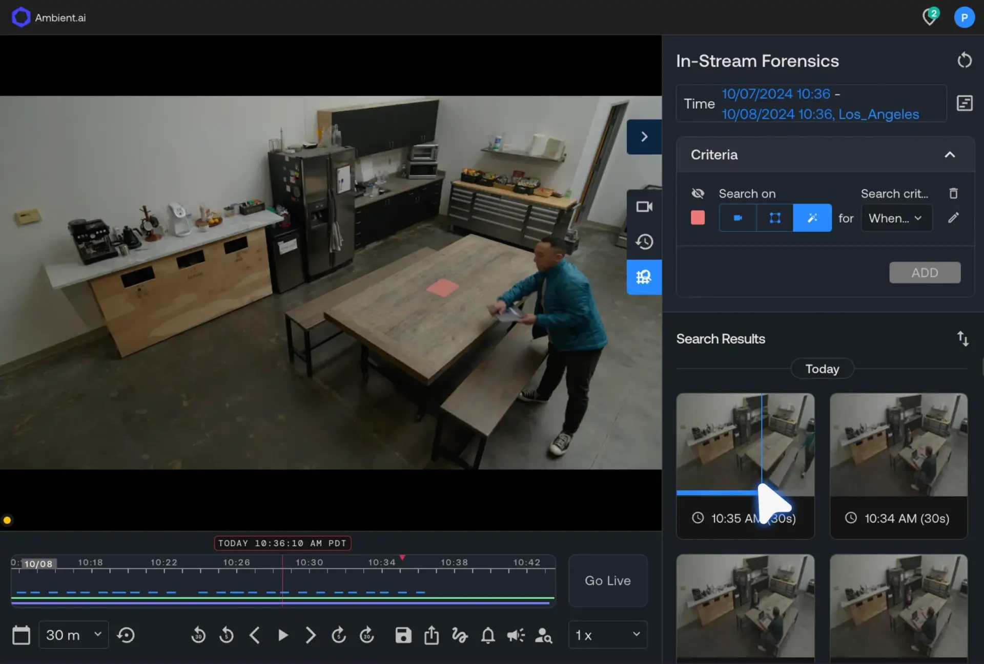 Surveillance video interface showing a man standing next to a wooden table with benches in a kitchen area and search results for in-stream forensics on the right.